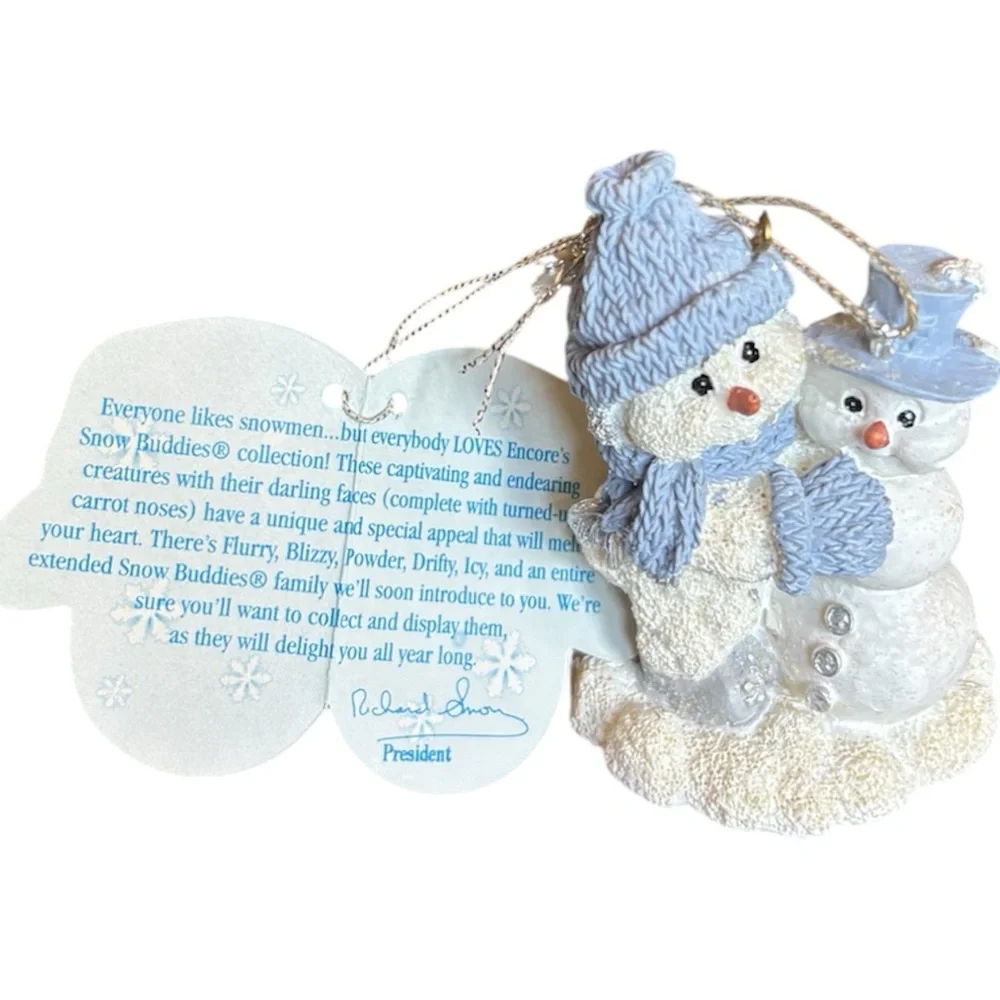 Snowman Christmas Ornament Vintage Snow Buddies Collectible White Blue Silver